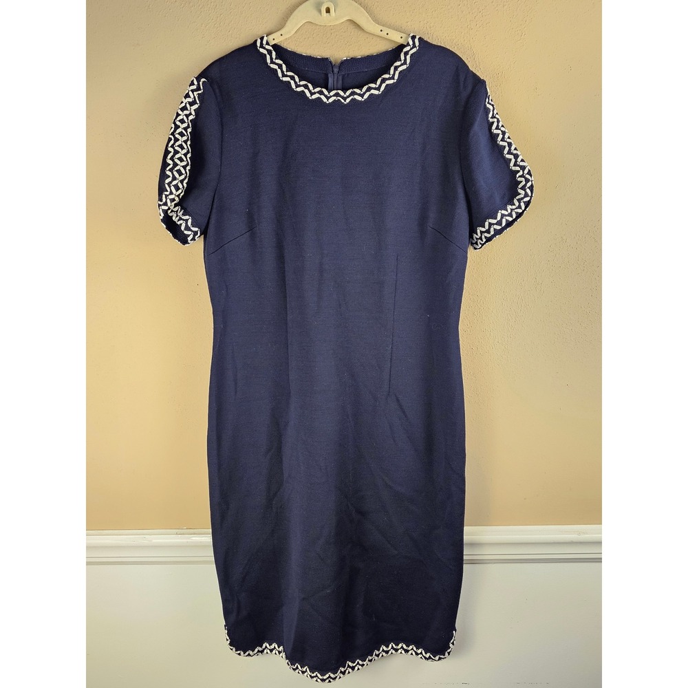 St John Womens Navy White Wool Blend Stretch Knit Shift‎ Dress 8